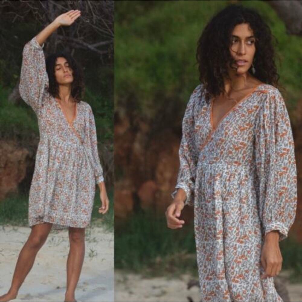Daughters Of India Bohemian Floral V-Neck Mini Dress in Cream & Rust